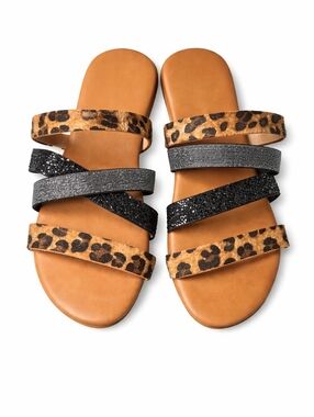 Women’s Size 11 Leopard Print Strappy Sandals Black Elastic Slip On Casual Flats